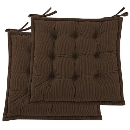 Image of PRIMEPATIO Corduroy Chair Cushions Set of 2, 45x45cm Dining Seat Pads with Ties, 7CM Thick Shredded Foam Seat Pads for Kitchen, Garden Patio Chairs, Soft Tufted Cushion Indoor Outdoor, Brown