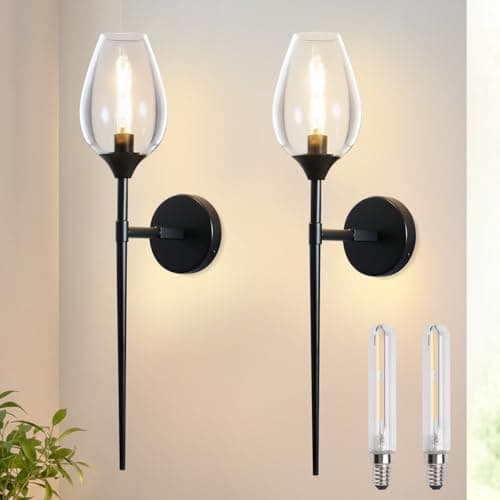 Image of SERBASIC Black Glass Wall Light with Wine Shade 2Pack,Vintage Wall Sconce with E14 Bulb for Bathroom Bedroom Living Room Hallway