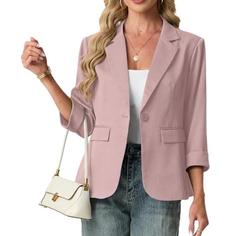 Image of GRECERELLE Blazers for Women Suit 3/4 Sleeve Ladies Jackets Elegant Formal Notched Lapel Cardigans Office,Work,Wedding Coats Causal Outerwear with Pockets, Buttons (Pink, 18)