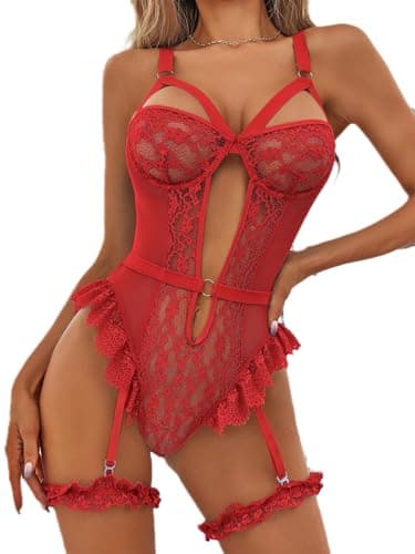 Image of Satohom Women's Mesh Lingerie Sets with Wide Garter Belt Push Up Underwire Bodysuit, One Size Sexy Floral Lace Strappy Teddy Babydolls Snap Crotch Underwear Set with Thigh Cuffs for Women UK Red