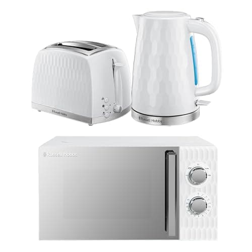 Image of Russell Hobbs Honeycomb White Kitchen Set, 1.7L 2400W Kettle, 2 Slice Toaster with Dual Browning Levels & 17L 700W Microwave with 5 Power Levels, Defrost & Reheat Functions HCBNDL2W