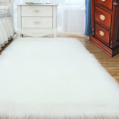 Image of ABWXN Faux Sheepskin Fur Rug 60x120 cm Fluffy Shaggy Rug, Soft Furry Rugs for Bedroom Bedside Living Room -White