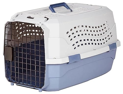 Image of Amazon Basics Hard-Sided Cat Carrier, Two-Door Top-Load Pet Dog/Cat Travel Box Carrier, Blue, 58 L x 38 W x 33 H cm