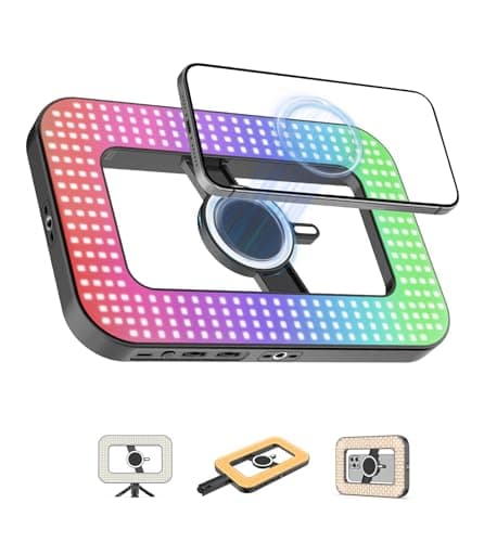 Image of Magnetic 6000mAh RGB Selfie Ring Light for iPhone,448 LED Rechargeable Phone Light with Mini Tripod Stand, Double-Sided Magnet Handheld Stabilizer with Light for Magsafe/Phones/Video/Recording/Photos