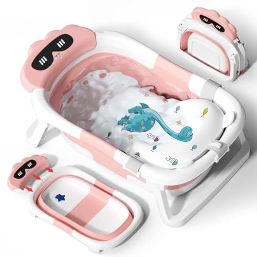 Image of COOSEYA Foldable Baby Bath Tub Essentials for Newborn, Collapsible Baby Bathtub with Seat Support Cushion for 0-18 Months Toddler to Infant, Newborn Gift Folding Travel Portable, Pink