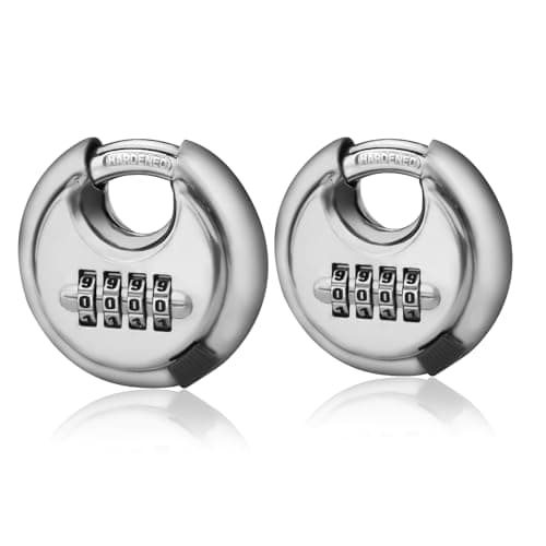 Image of 2PCS 4 Digit Combination Lock, Stainless Steel Disc Lock with Hardened Steel Shackle and 1000 Codes, Large Round Padlock for Warehouse Iron Doors, Outdoor Facilities and Truck Cargo Boxes
