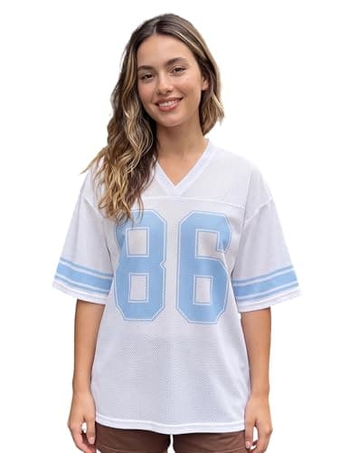 Image of LYSINK Women Oversized Jersey Shirts Y2k Number Graphic T-Shirt Summer Short Sleeve V Neck Loose Streetwear Top (C-a-White, M)