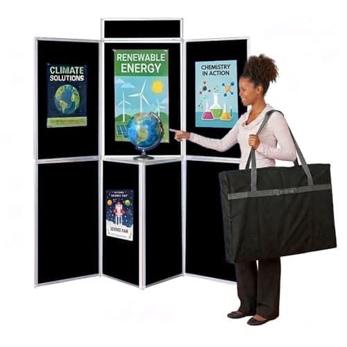 Image of Freestanding Jumbo 7 Panel Folding Exhibition Display Panel Kit, Black Pinboard, with Triangular Plinth, Aluminium Frame, Header & Bag - for School Displays, Office Venues