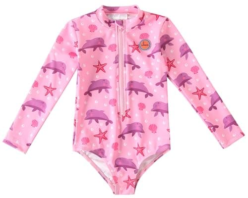 Image of Swimbubs Girls Long Sleeve Swimsuit – Baby & Toddler Rash Guard Swimming Costume with Front Zip, One Piece Swimwear (6-12 Months, Pink Dolphin)