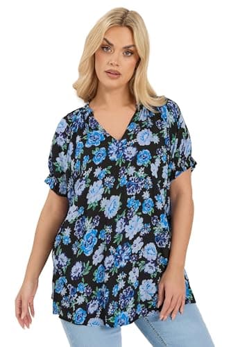 Image of Yours Curve Black & Blue Floral Notch Neck Blouse - Women's - Plus Size Curve