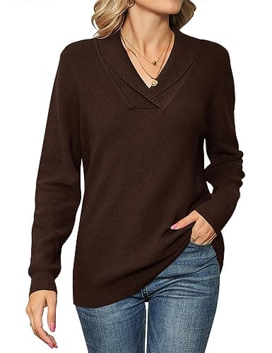 Image of IECCP Women's Jumpers V Neck Long Sleeve Tops Women Solid Color Pullover Lapel Knit Sweater Brown M