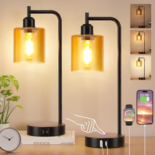 Image of Aooshine Industrial Table Lamps with Amber Glass Shade for Living Room, Desk Lamps for Home Office(Bulbs Included)