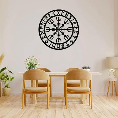 Image of Arsey Viking Metal Wall Art Nordic Mythology Symbols Helmet of Aegishjalmur Runes Vegvisir Wall Sculptures Gifts for Men Living Room Bedroom Hallway and Stairs Decor, 55 x 55 cm