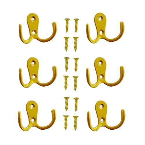 Image of Yesmin 6 Pcs Double Prong Robe Hooks, Dual Coat Hooks Wall Mounted Hanging Clothes for Bathroom Bedroom Door Wall Retro Metal Cloth Hanger Double Coat Hooks with 8 Screws-Yellow