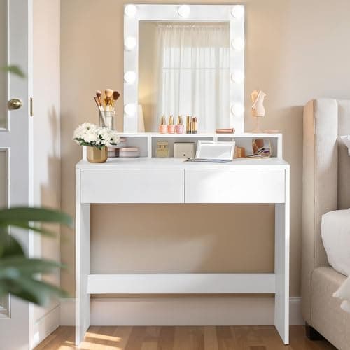 Image of VASAGLE Dressing Table, LED Lights with Adjustable Brightness, Vanity Table with Mirror, 2 Drawers and 3 Compartments, Makeup Desk, Modern, KAILYN Collection Cloud White RDT194T14
