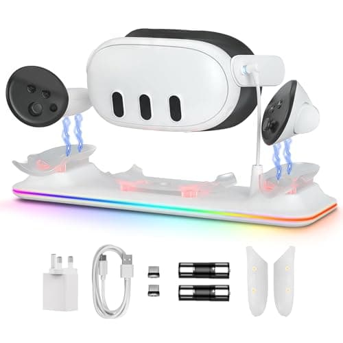 Image of GEEKERA Charging Dock Compatible with Meta Quest 3: Fast Magnetic Charger for VR Headset & Controllers, with 18W Power Adapter & 2 Rechargeable Batteries, RGB Light, VR Accessories for Gamer