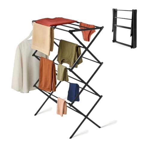 Image of Straame 3-Tier Expandable Clothes Airer Indoor Outdoor – Slimline Drying Rack (Expanded:71×37×103 cm, Folded: 51×43×9 cm), 10 kg Capacity, Rust-Resistant, Non-Slip Feet, Heavy-Duty Design (Black)