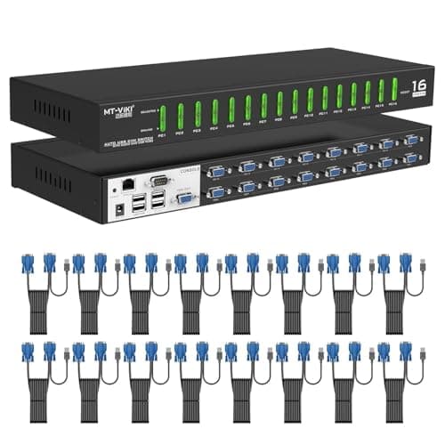 Image of MT-VIKI 4K60HZ IP KVM Switch Remote VGA 16 Port 1U Rackmount KVM VGA Switch Over IP 16 Port Remote USB VGA KVM Switch IR Remote Control Desktop Selector with 16 Pack Cables OSD