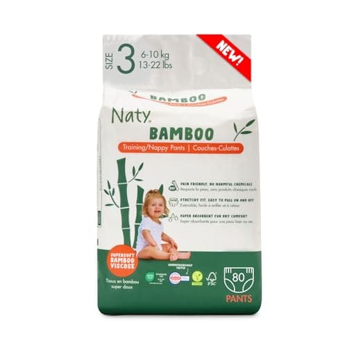 Image of Naty Bamboo Viscose Nappy Pants – Silky Soft, Plant Based Pull ups, Dermatologically Tested for Sensitive Skin & Super Absorbent (Size 3, 80 Count)