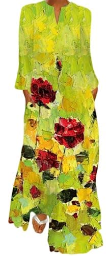 Image of Ocean Plus Spring Summer Dress for Women Long V-Neck Long Sleeve Skirt with Pockets and Wide Floral Print (M, Oil Painting of Roses)