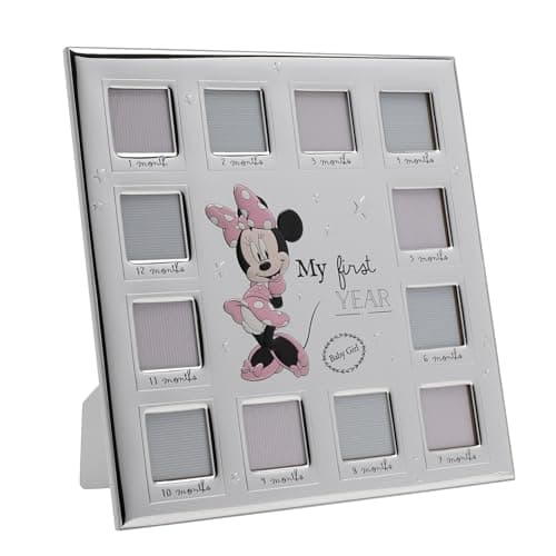 Image of Disney – Minnie Mouse – Real Silver-Plated Multi 12 Aperture Photo Frame 'My First Year' – Made in Italy Licensed Disney Merchandise Self-Standing Wood Back Early Years, New Girl Baby, Birth Gifting.