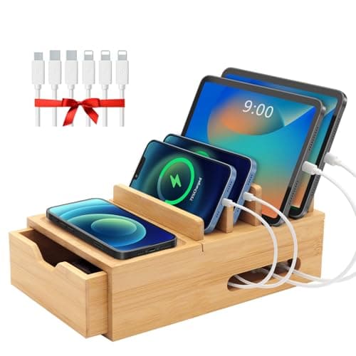Image of Bamboo Charging Station for Multiple Devices, Desk Charging Organizer with Drawer & Tray, Wood Docking Station Included 6 Cables, Compatible with iPhone Devices, Cell Phone, Tablet (No USB Charger)