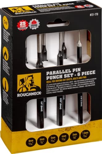 Image of Roughneck ROU31178 Chrome Vanadium Parallel Pin Punch Set 6 Piece 1.5, 3, 4, 5, 6, 8mm/1/16, 1/8, 5/32, 3/16, 1/4, 5/16"