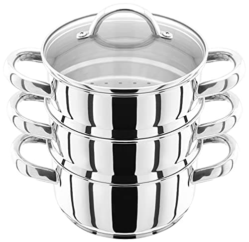 Image of Judge JX01 Stainless Steel 3 Tier Steamer Set with 16cm 600ml Casserole, 2 Steamers and Lid, Induction Ready, Gift Boxed - 25 Year Guarantee, Silver