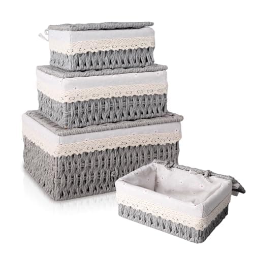 Image of KiKiHong Woven Storage Baskets with Lids 3-Piece Set -Woven Storage Basket Boxes for Home Office, Bathroom & Bedroom | Boho Decor(Grey)