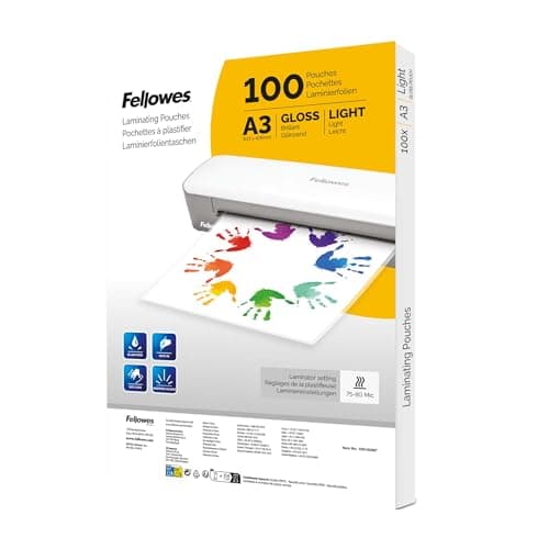 Image of Fellowes A3 Laminating Pouches – 100 Pack Gloss Finish – Laminator Sheets for Home, School or Office – Ideal for Posters, Signs & Documents – Compatible with All Laminators