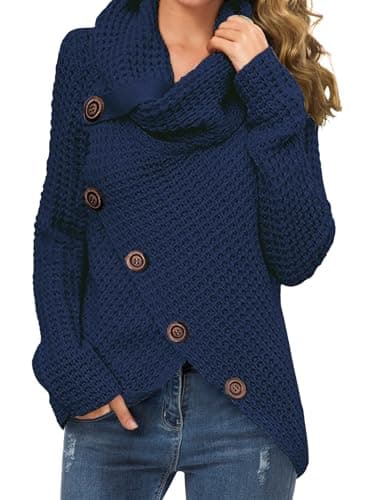 Image of GRECERELLE Womens Winter Jumpers Knit Warm Turtle Neck Wrap Asymmetric Hem Jumper Sweater Tops with Button for Ladies (02 Navy Blue, XL)