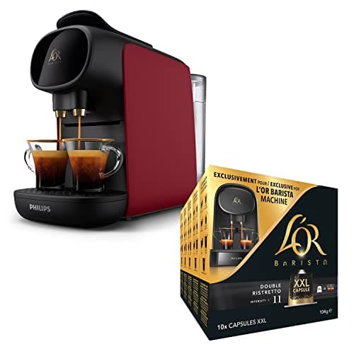 Image of L'OR BARISTA Sublime Coffee Machine Red by Philips with L'OR Double Ristretto XXL 5X10PC, Double Shot, Aluminium Coffee Capsules (Total 50 XXL Capsules) Intensity 11
