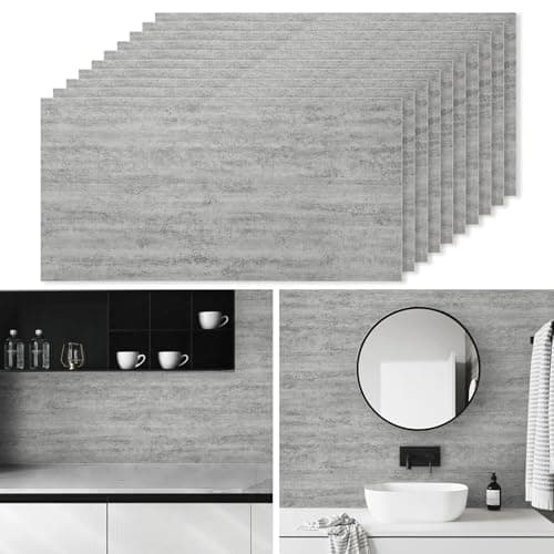 Image of Concrete Tile Stickers 60 x 30cm 10PCS Self Adhesive Wall Tiles Bathroom Waterproof Peel and Stick Wall Moulding Panels PVC Stick on Tiles for Home Decor Kitchen Backsplash,Grey