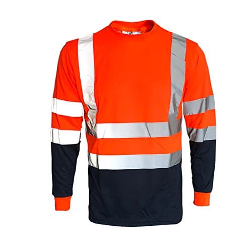 Image of Hi Vis Viz Long Sleeve T-Shirt High Visibility Safety Security Work Breathable Lightweight Reflective Tape Work wear Top (Orange/Navy Two Tone, XXX-Large)