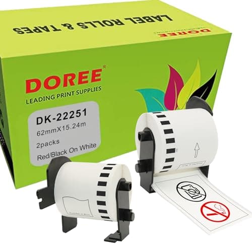 Image of Doree DK-22251, Red/Black on White, 62 mm x 15.24 m, Self Adhesive Continuous Paper Tape Paper, Compatible with Brother's QL-500 QL-570 QL-700 QL-720NW QL-800 QL-810W QL-820NWB QL-1100/11100 2. Pack)