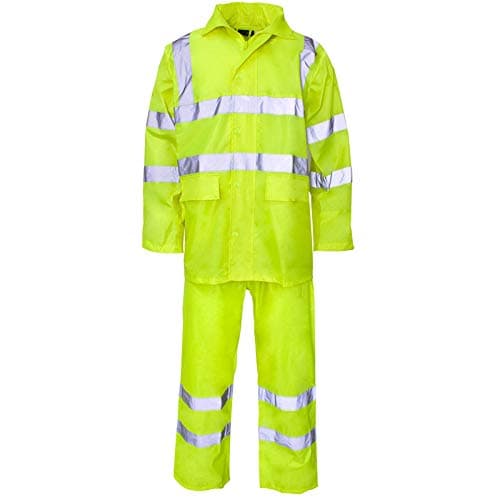 Image of Hi Vis & Plain Rainsuit 2 Piece Set Waterproof Jacket & Trousers Unisex Hooded Rain Suit Workwear Lightweight PVC Rainwear Reflective Tape Outdoor Fishing Cycling Hiking Yellow 2XL