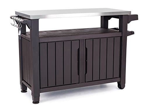 Image of Keter Unity XL Portable Outdoor Table and Storage Cabinet with Hooks for BBQ Accessories - Stainless Steel Top for Patio, Kitchen Island or Bar Cart, Brown