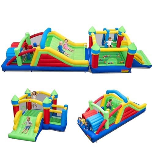 Image of COSTWAY Inflatable Bounce House, Giant Kids Bouncy Castle with Dual Slides, Obstacles, Tunnels, Climbing Wall, Trampoline, for Boys Girls 3-12 Years Old