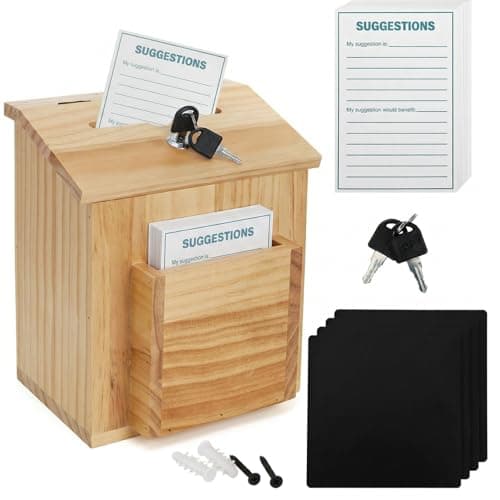 Image of ZENFUN Wooden Suggestion Box with 50 Free Suggestion Cards, Natural Pinewood Ballot Comment Container Donation Box with Locking Hinged Lid for Countertop or Wall Mounted, 8.6" x 6.8" x 10"