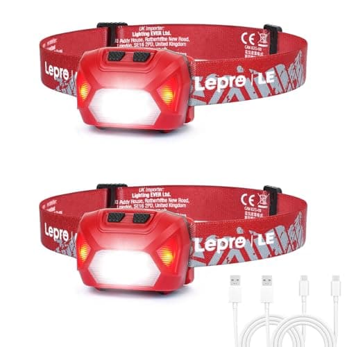 Image of Lepro Head Torch Rechargeable, 2 Pack 2000L Waterproof LED Headlamp with Red Warning Lights, 30Hrs Runtime, 6 Lighting Modes, for Running Fishing Camping, Super Lightweight Headlight for Kids & Adults