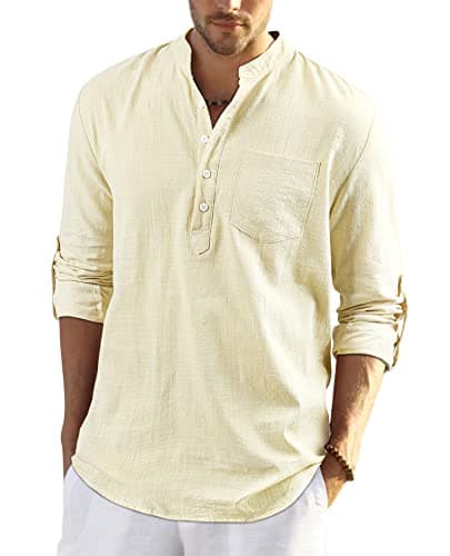 Image of Enlision Mens Cotton Linen Shirts Summer Lightweight Beach Shirt Long Sleeve Roll Up Collarless Beige Henley Shirt L
