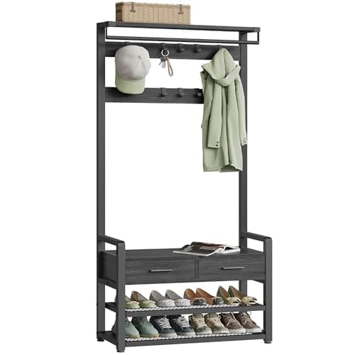 Image of VASAGLE Hall Tree with Bench and Shoe Storage, Hallway Coat Rack with Shoe Bench, 2 Fabric Drawers, 10 Hooks, 30 x 80.4 x 181.6 cm, Stone Grey and Ink Black HSR429B04