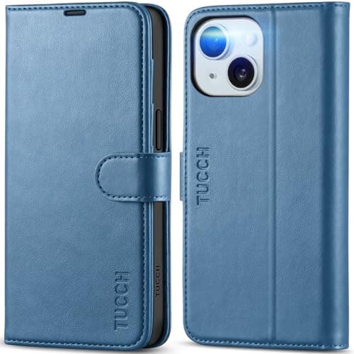 Image of TUCCH Wallet Case for iPhone 15 (6.1") 2023, Magnetic Protective PU Leather Flip Folio Cover with [RFID Blocking][Credit Card Holders]Viewing Stand[Shockproof TPU]Compatible with iPhone 15, Lake Blue