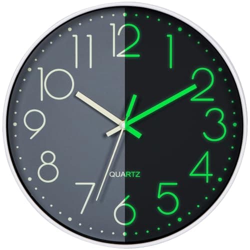 Image of VIVILINEN Luminous Wall Clock Bedroom Clock Non Ticking Silent Wall Clock Modern for Living Room Kitchen Office Bathroom Battery Operated Grey Glow in the Dark