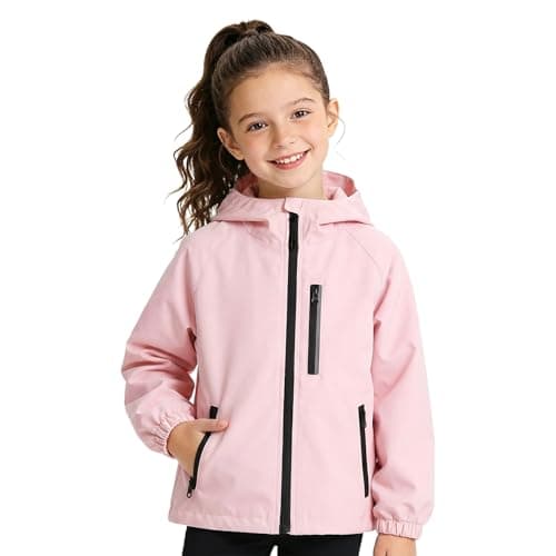 Image of JinBei Kids Waterproof Jackets Boys Girls Lightweight Windbreaker Hooded Windproof Jacket with Zipper Pockets and Reflective Strips Outerwear Raincoat Spring Autumn Coat Pink for 7-8 Years