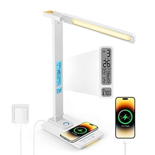 Image of LAOPAO LED Desk Lamp with Wireless Charger - USB Charging Port, Touch Sliding Dimmable Auto Timer Table Lamp with Night Light, Desk Lights with Clock for Study Reading Home Office （White）