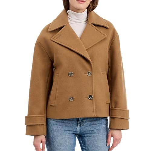 Image of Michael Kors Women's Double Button Short Peacoat with Faux, Stylish Wool Coat, Belted Wrap Design, Camel, XL