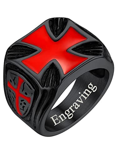 Image of FaithHeart Men's Rings, Stainless Steel Knights Templar Red Cross Finger Ring, Personalised Gothic Black Plating Masonic Rings for Him Size Y