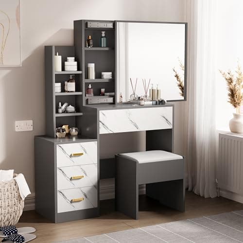 Image of Blisswood Dressing Table with 10 Led Bulb & Mirror and Stool, Vanity Desk with 4 Drawer 3 open Storage Shelves and 3 Hidden Shelves, Modern Makeup Table for Bedroom (Dark Grey & Marble White)