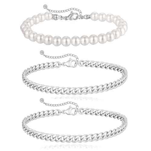 Image of VIROMY Silver Bracelets for Women 14K Silver Plated Pearl Bracelets Cuban Link Charm Stackable Chain Trendy Jewellery Gifts for Women
